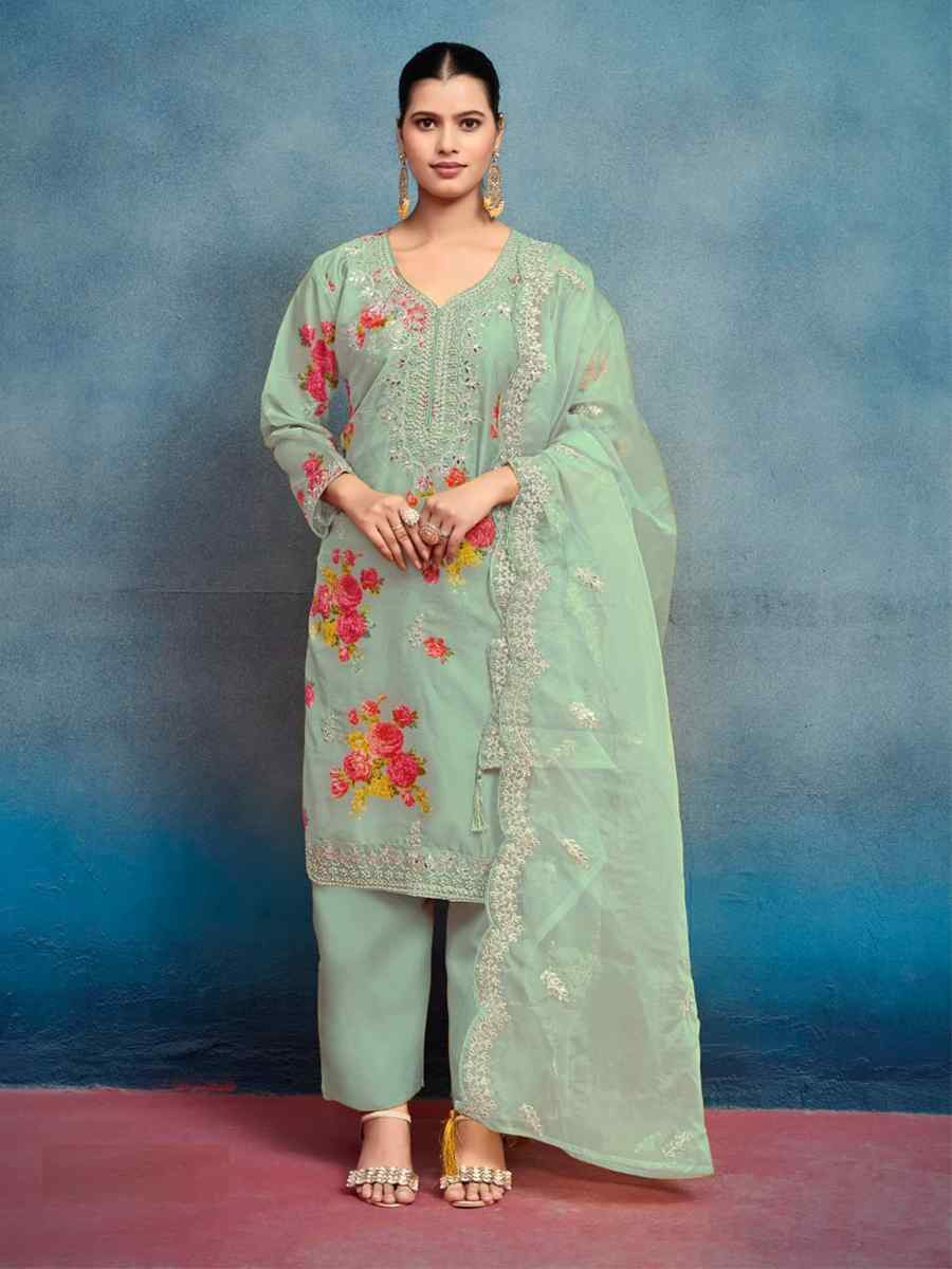 Green Heavy Tebby Silk Embroidered Festival Casual Ready Pant Salwar Kameez