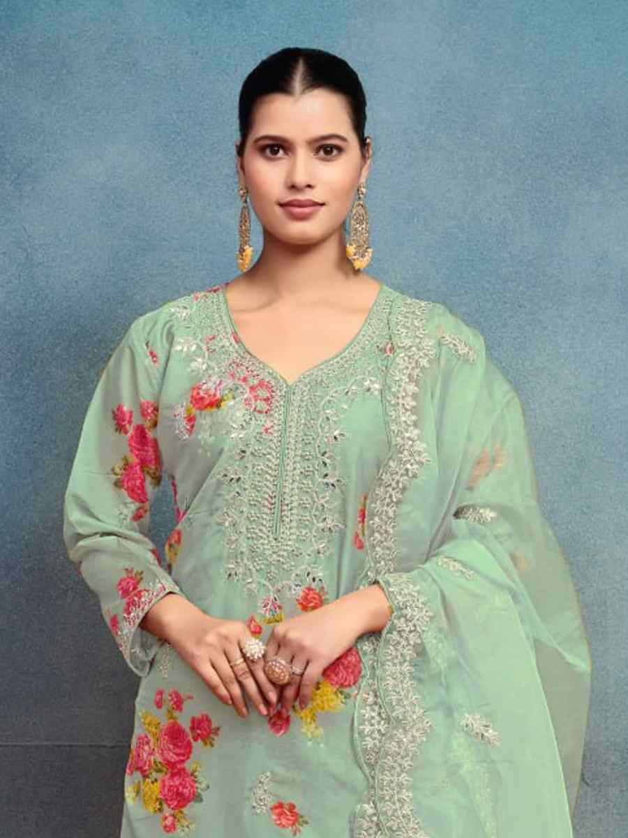 Green Heavy Tebby Silk Embroidered Festival Casual Ready Pant Salwar Kameez
