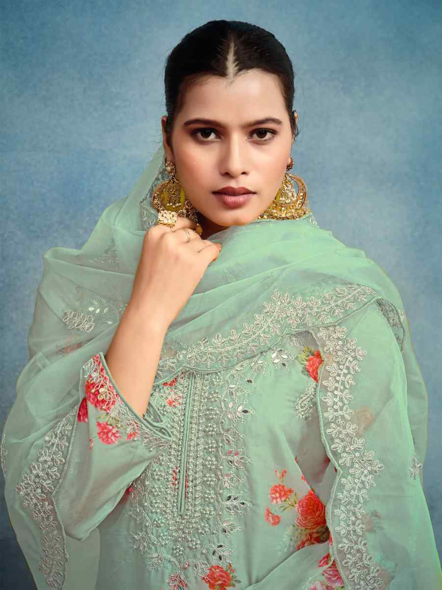 Green Heavy Tebby Silk Embroidered Festival Casual Ready Pant Salwar Kameez