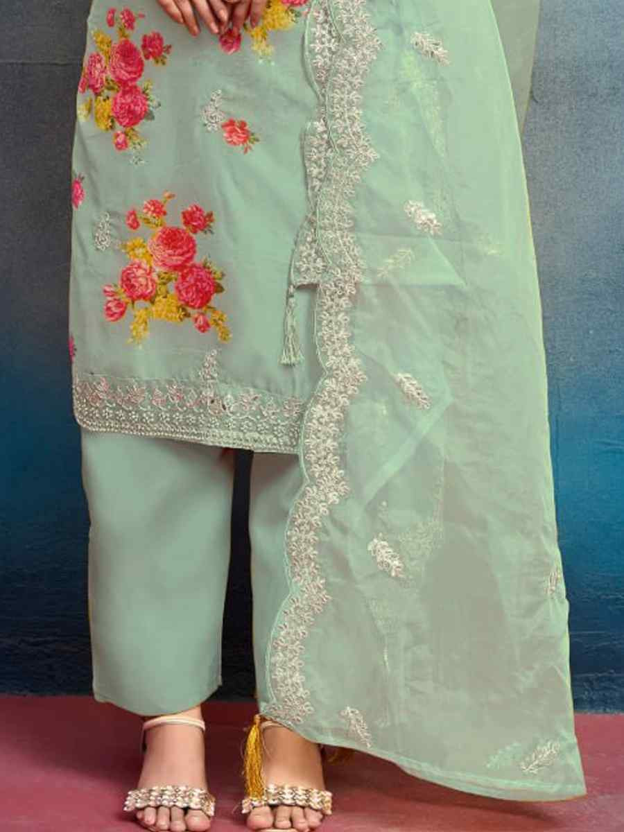 Green Heavy Tebby Silk Embroidered Festival Casual Ready Pant Salwar Kameez