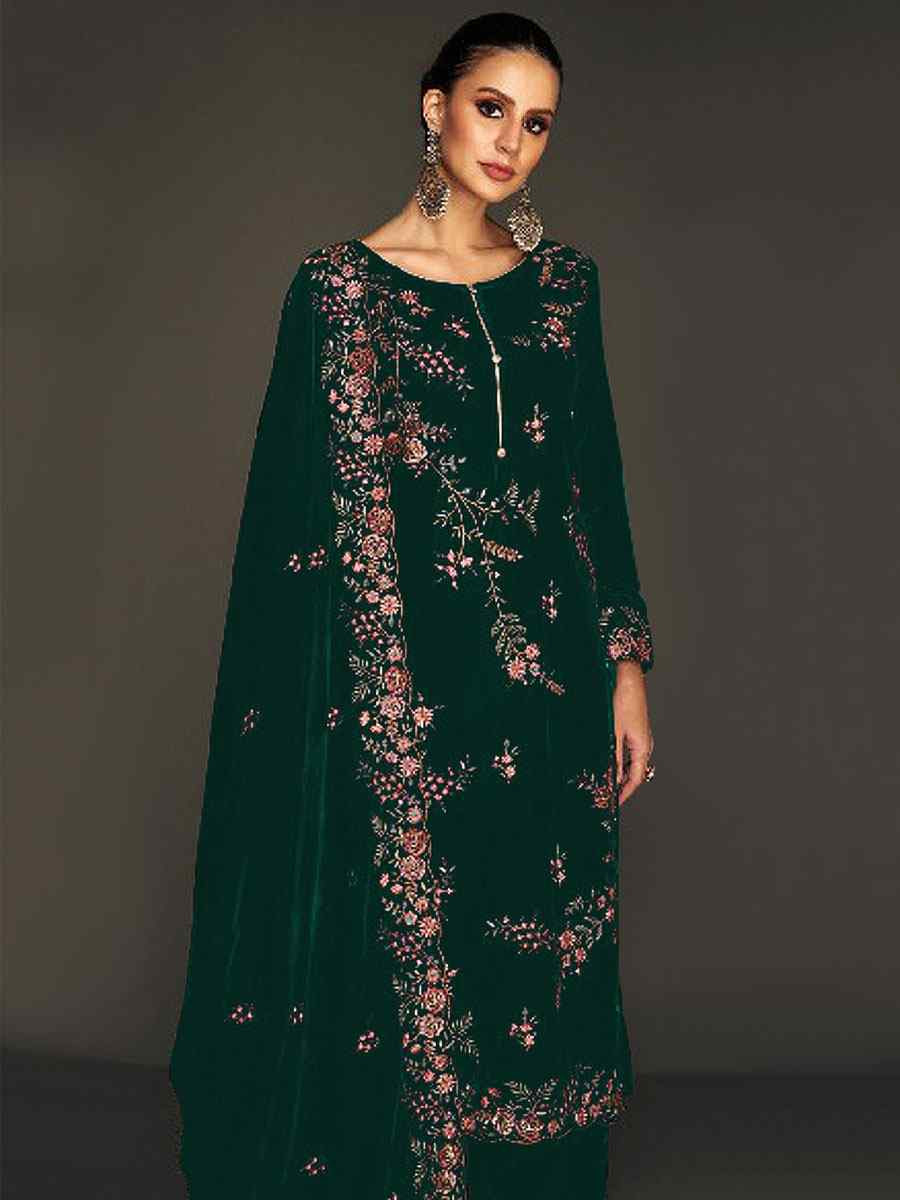 Green Heavy Velvet Embroidered Festival Wedding Pant Salwar Kameez