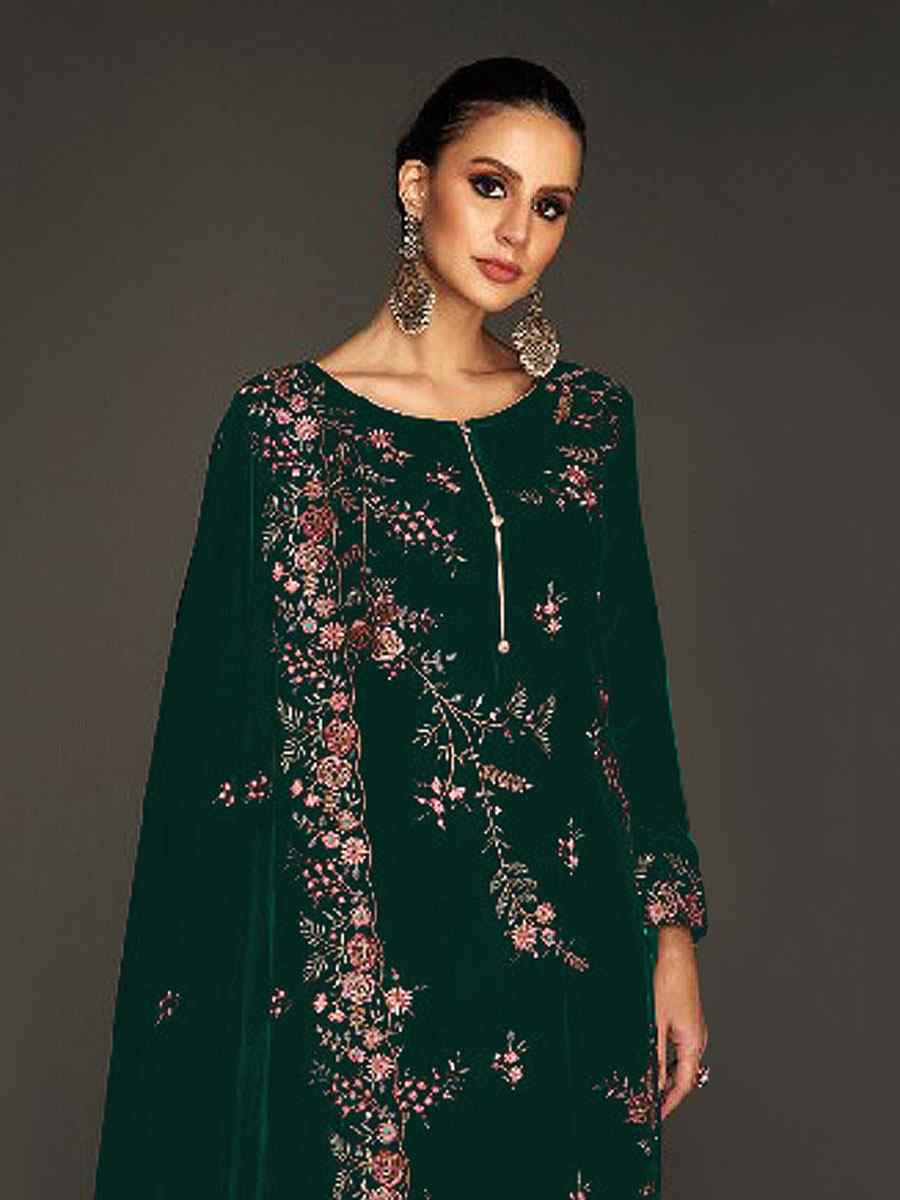 Green Heavy Velvet Embroidered Festival Wedding Pant Salwar Kameez