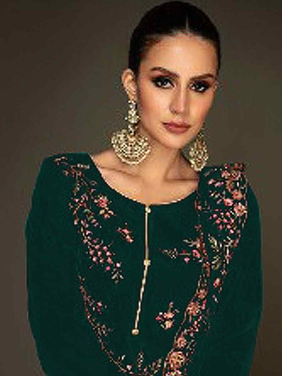 Green Heavy Velvet Embroidered Festival Wedding Pant Salwar Kameez