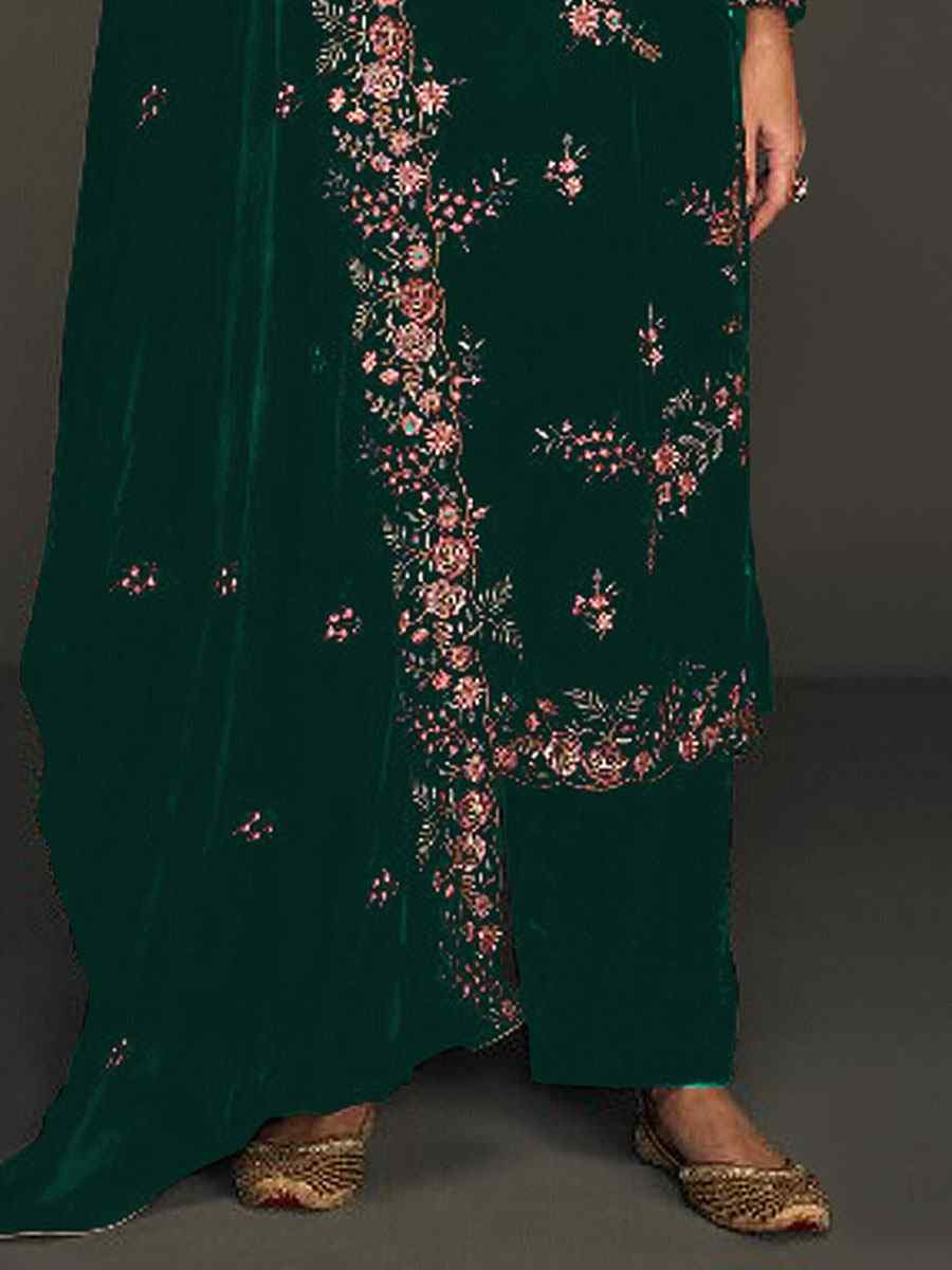Green Heavy Velvet Embroidered Festival Wedding Pant Salwar Kameez
