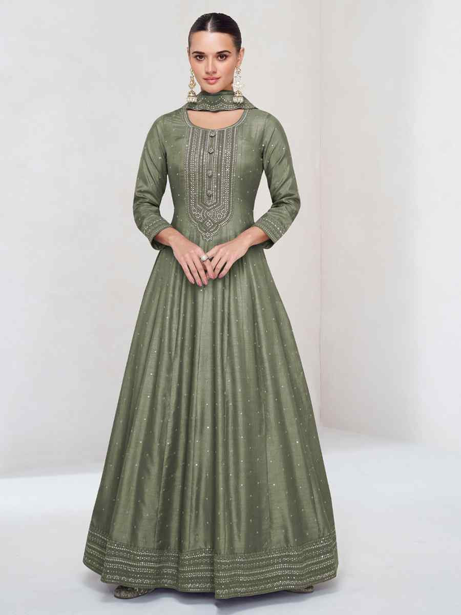 Green Heavy Vichitra Silk Embroidered Festival Casual Wedding Gown
