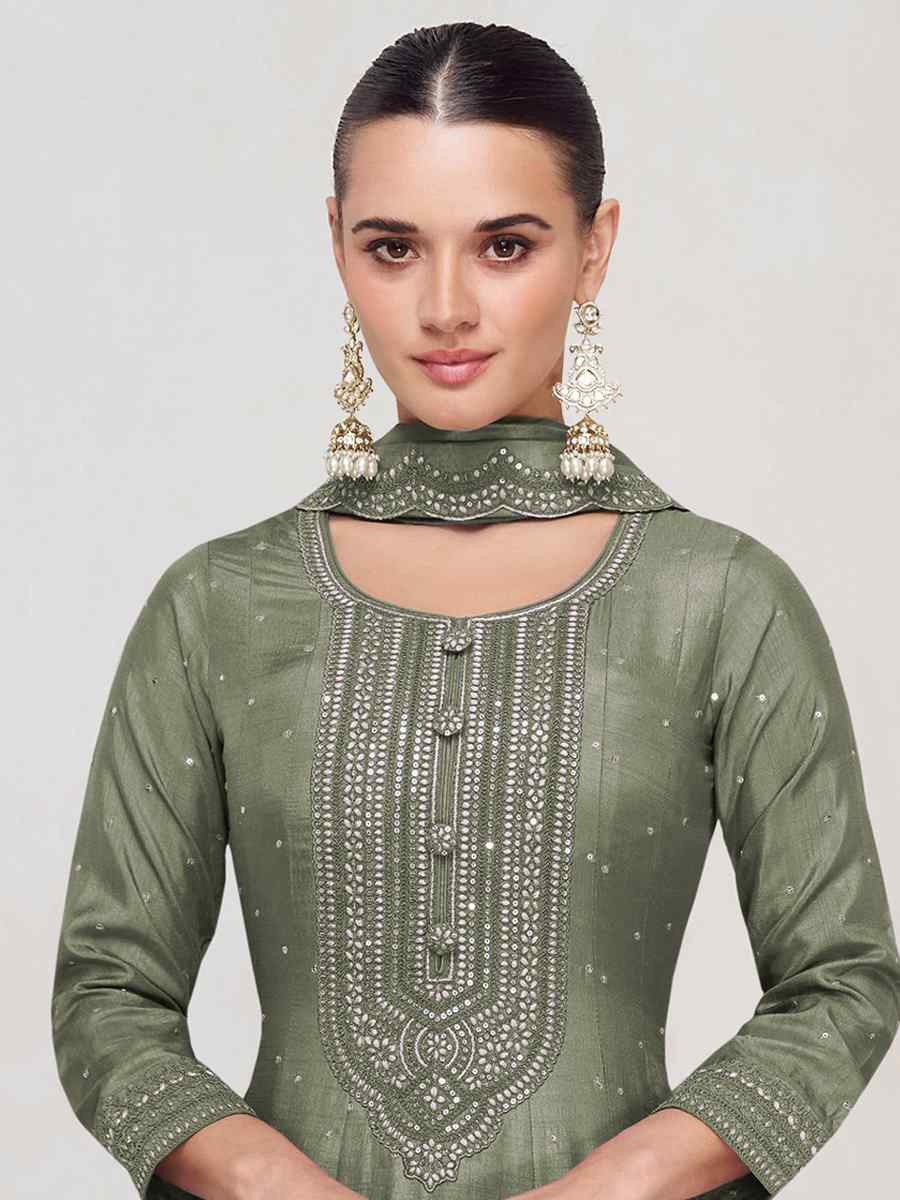 Green Heavy Vichitra Silk Embroidered Festival Casual Wedding Gown