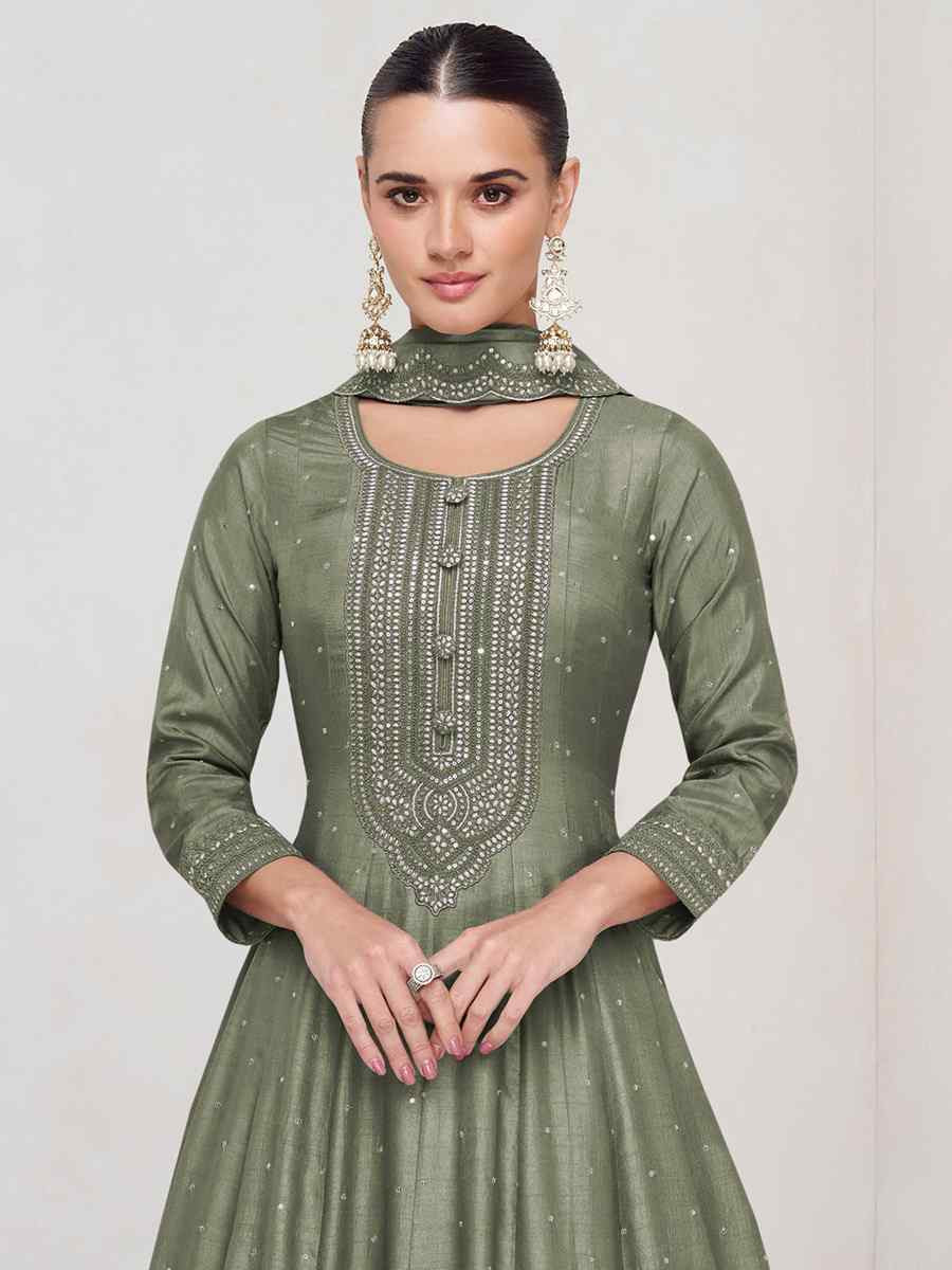 Green Heavy Vichitra Silk Embroidered Festival Casual Wedding Gown
