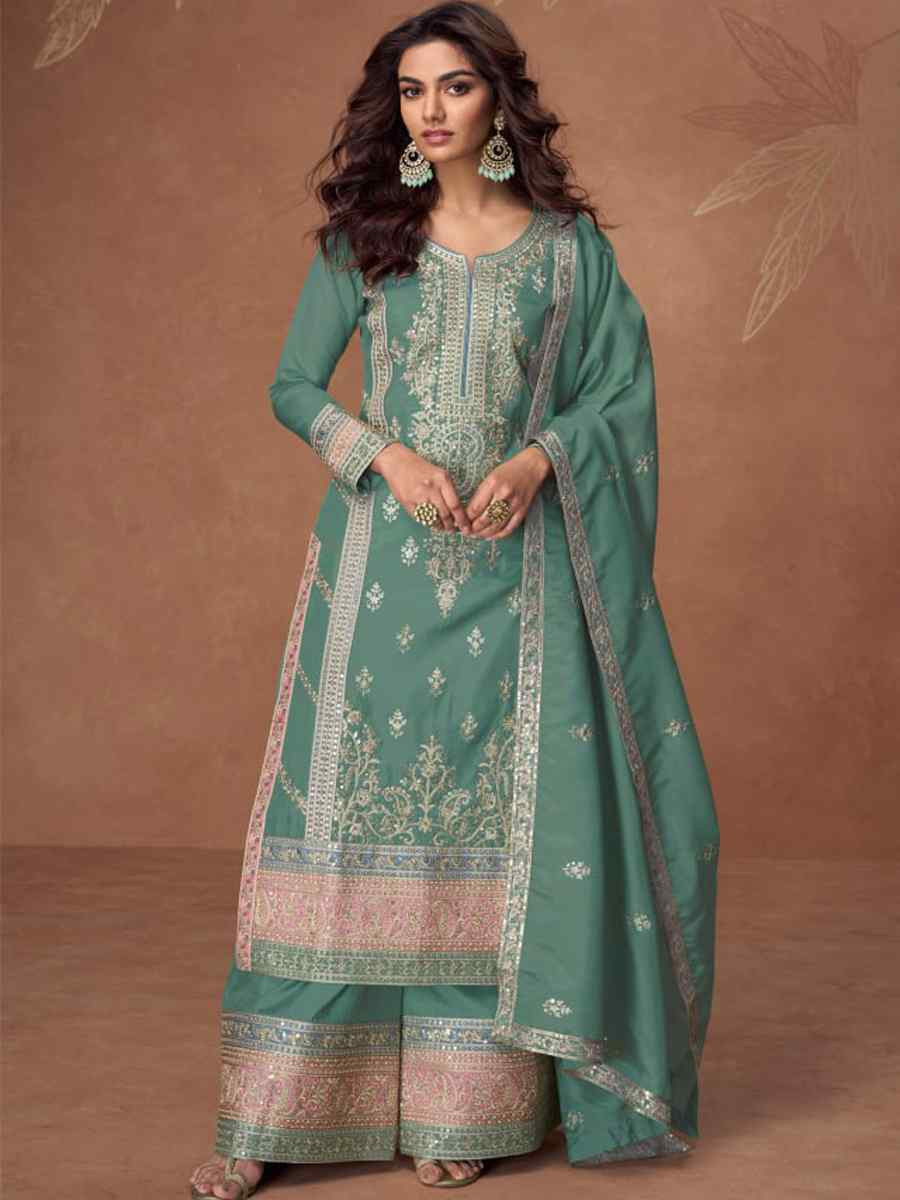 Green Heavy Vichitra Silk Embroidered Festival Wedding Palazzo Pant Salwar Kameez