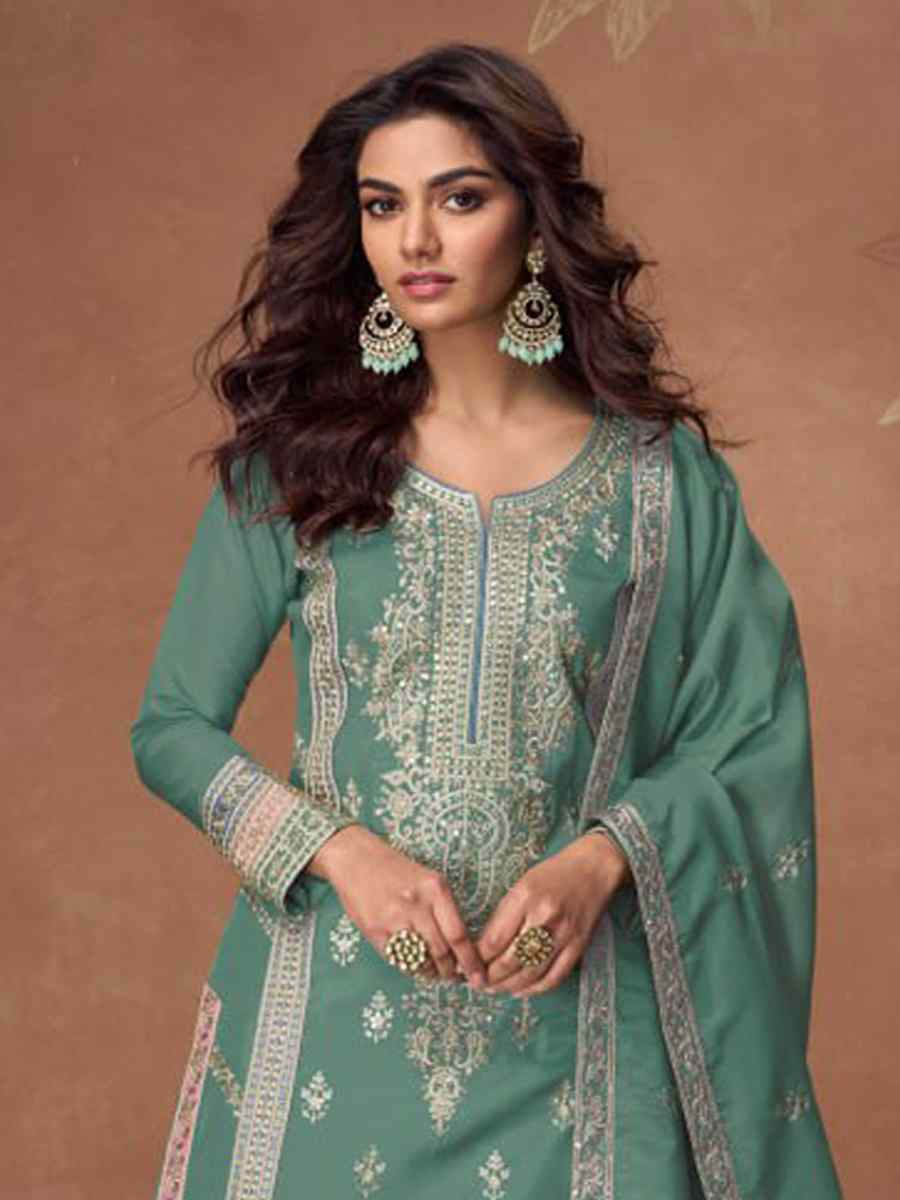 Green Heavy Vichitra Silk Embroidered Festival Wedding Palazzo Pant Salwar Kameez