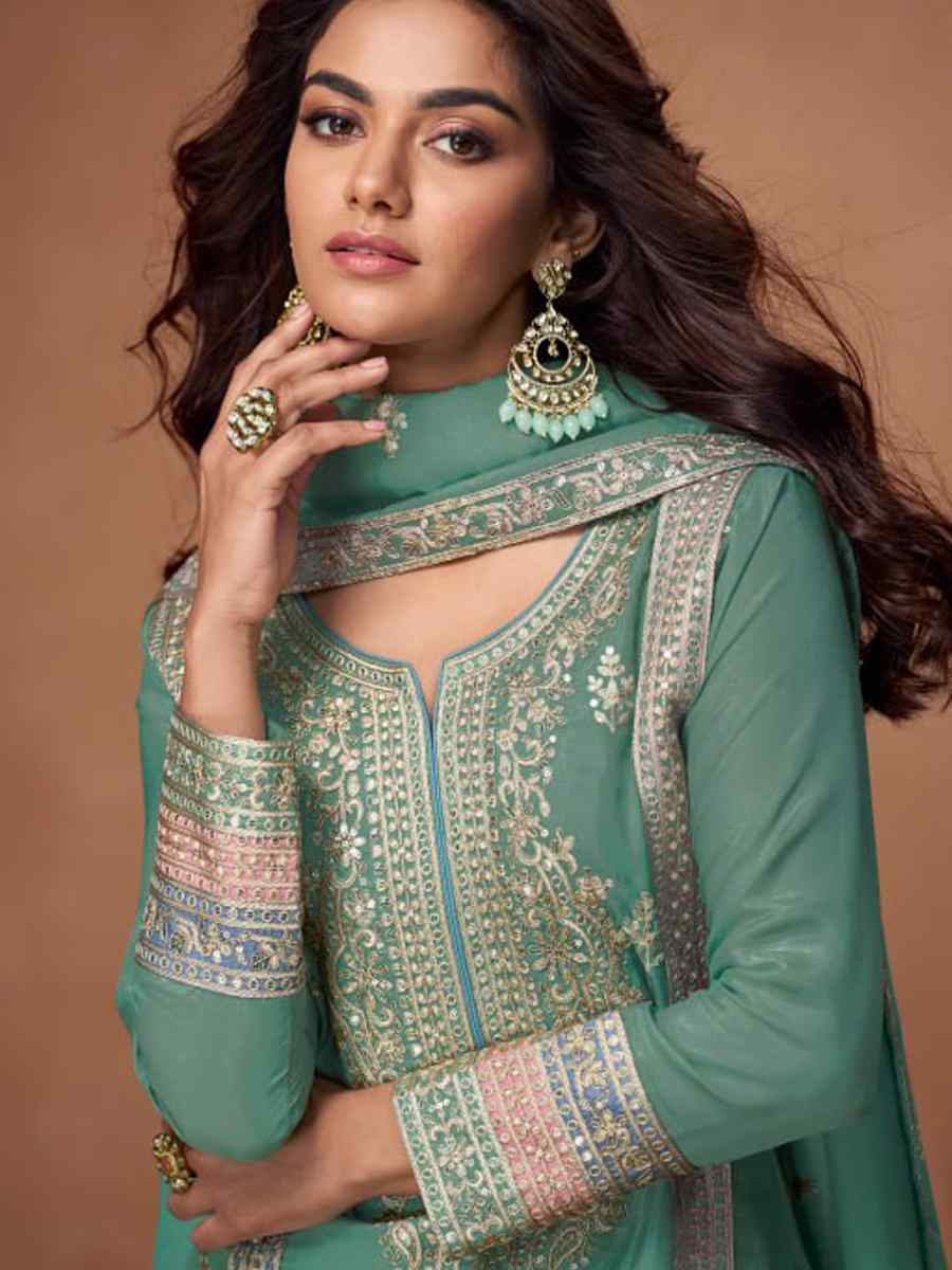 Green Heavy Vichitra Silk Embroidered Festival Wedding Palazzo Pant Salwar Kameez