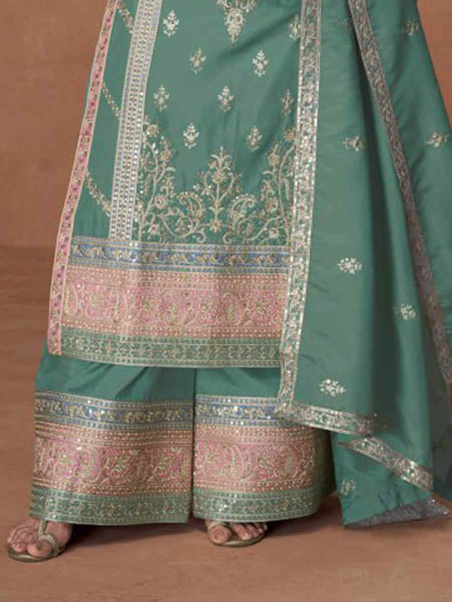 Green Heavy Vichitra Silk Embroidered Festival Wedding Palazzo Pant Salwar Kameez