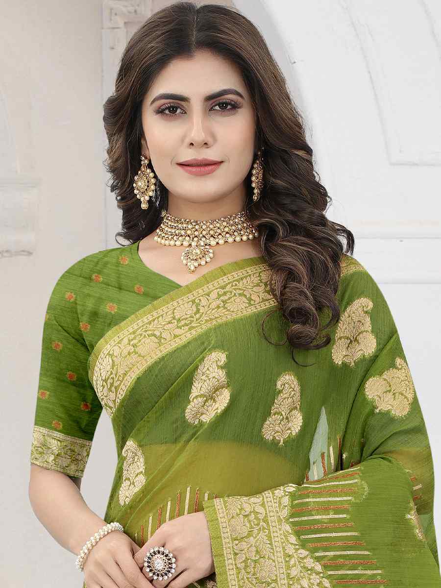 Green Heavy Viscose Organza Handwoven Wedding Festival Heavy Border Saree