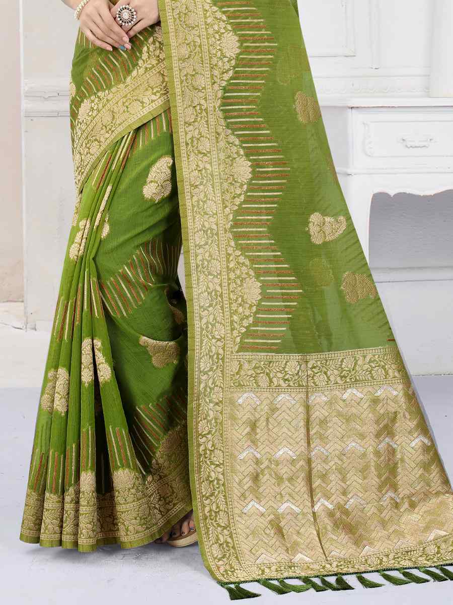 Green Heavy Viscose Organza Handwoven Wedding Festival Heavy Border Saree