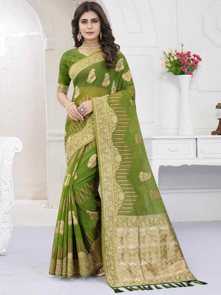 Green Heavy Viscose Organza Handwoven Wedding Festival Heavy Border Saree