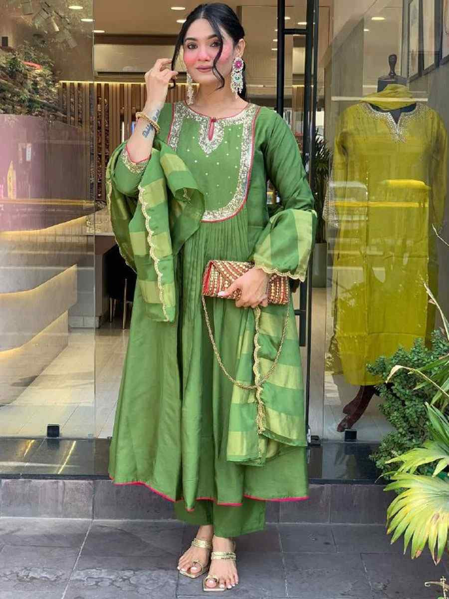Green Heavy Viscose Roman Silk Embroidery Party Wedding Festival Casual Ready Anarkali Salwar Kameez