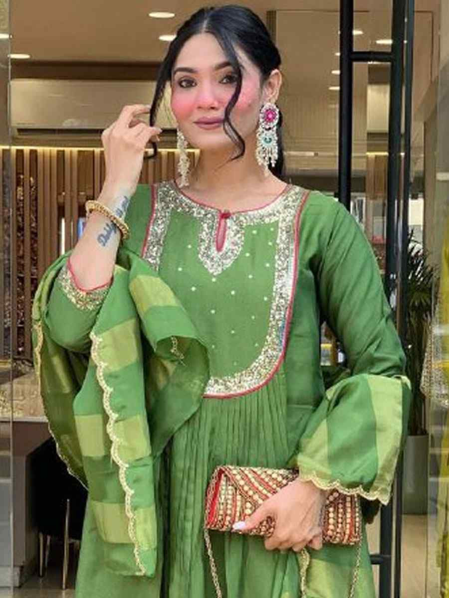 Green Heavy Viscose Roman Silk Embroidery Party Wedding Festival Casual Ready Anarkali Salwar Kameez