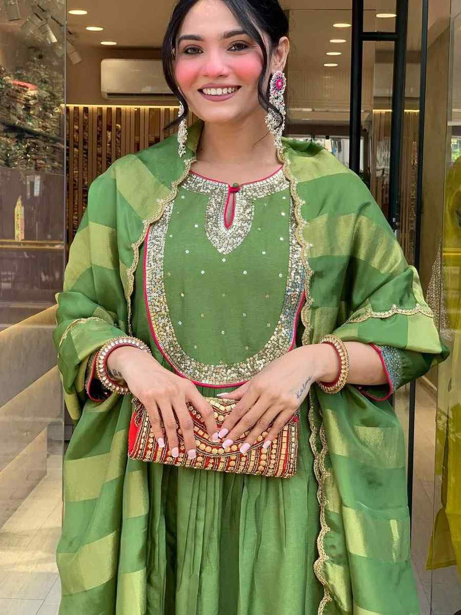Green Heavy Viscose Roman Silk Embroidery Party Wedding Festival Casual Ready Anarkali Salwar Kameez