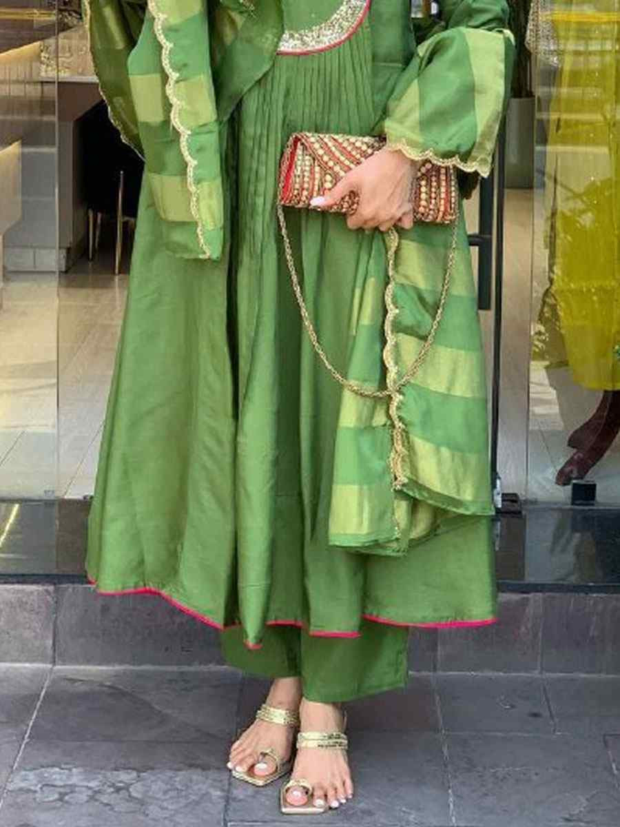 Green Heavy Viscose Roman Silk Embroidery Party Wedding Festival Casual Ready Anarkali Salwar Kameez
