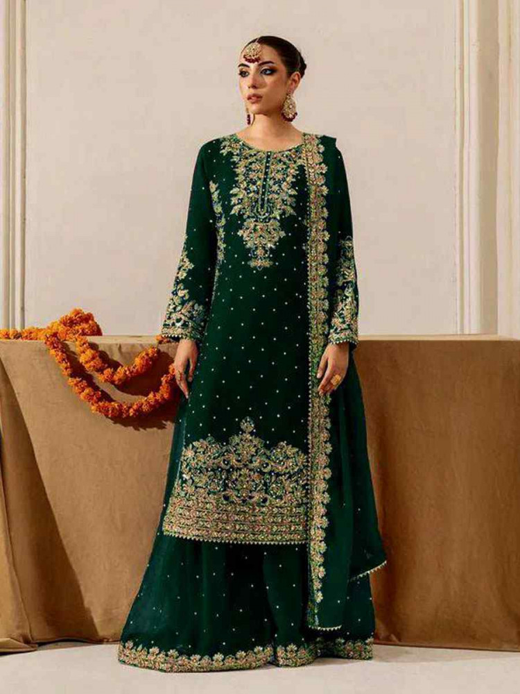 Image of Green Heavy Viscose Velvet Embroidery Party Wedding Festival Casual Ready Palazzo Pant Salwar Kameez