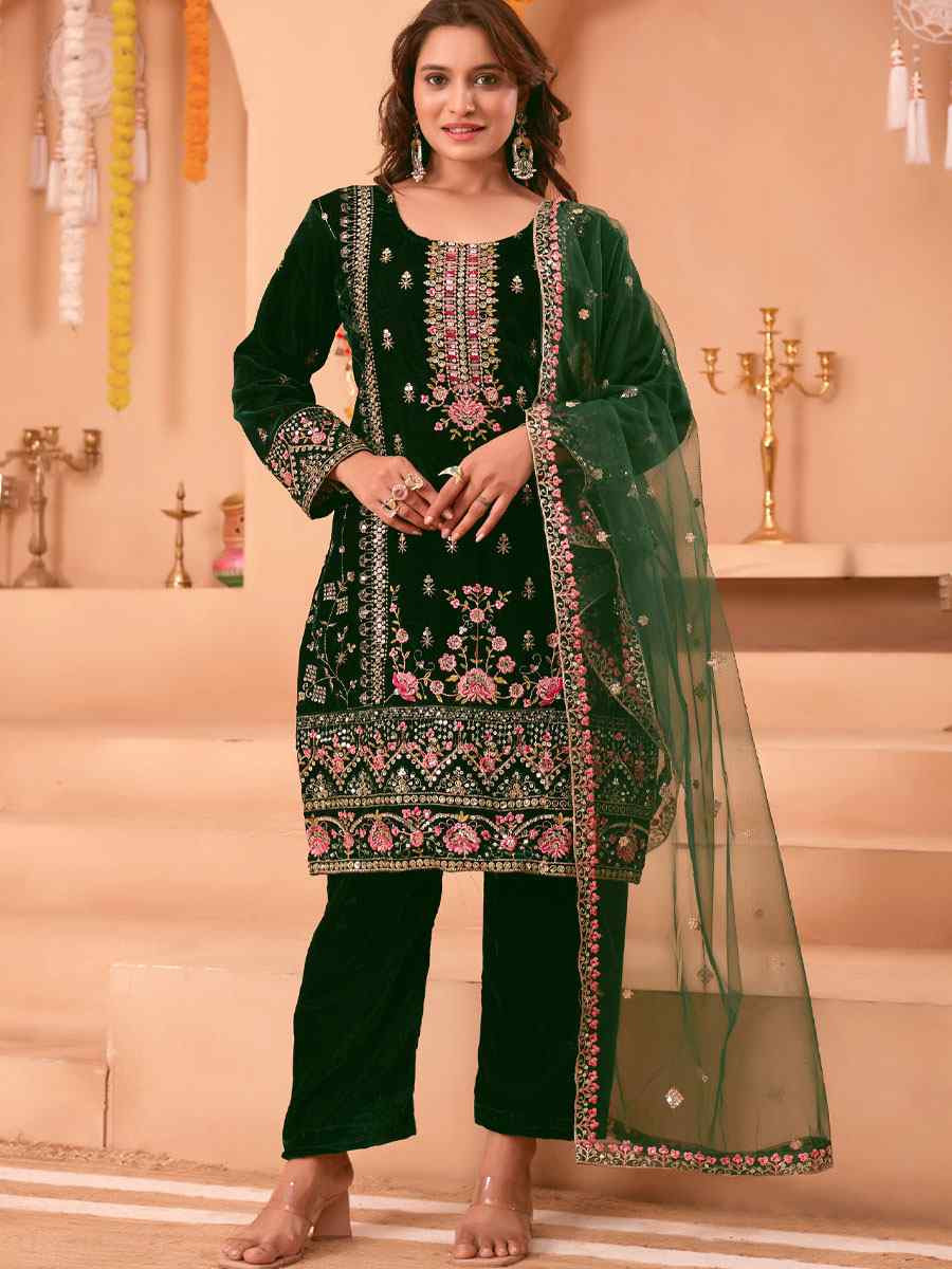 Green Heavy Viscose Velvet Embroidery Party Wedding Festival Casual Ready Pant Salwar Kameez