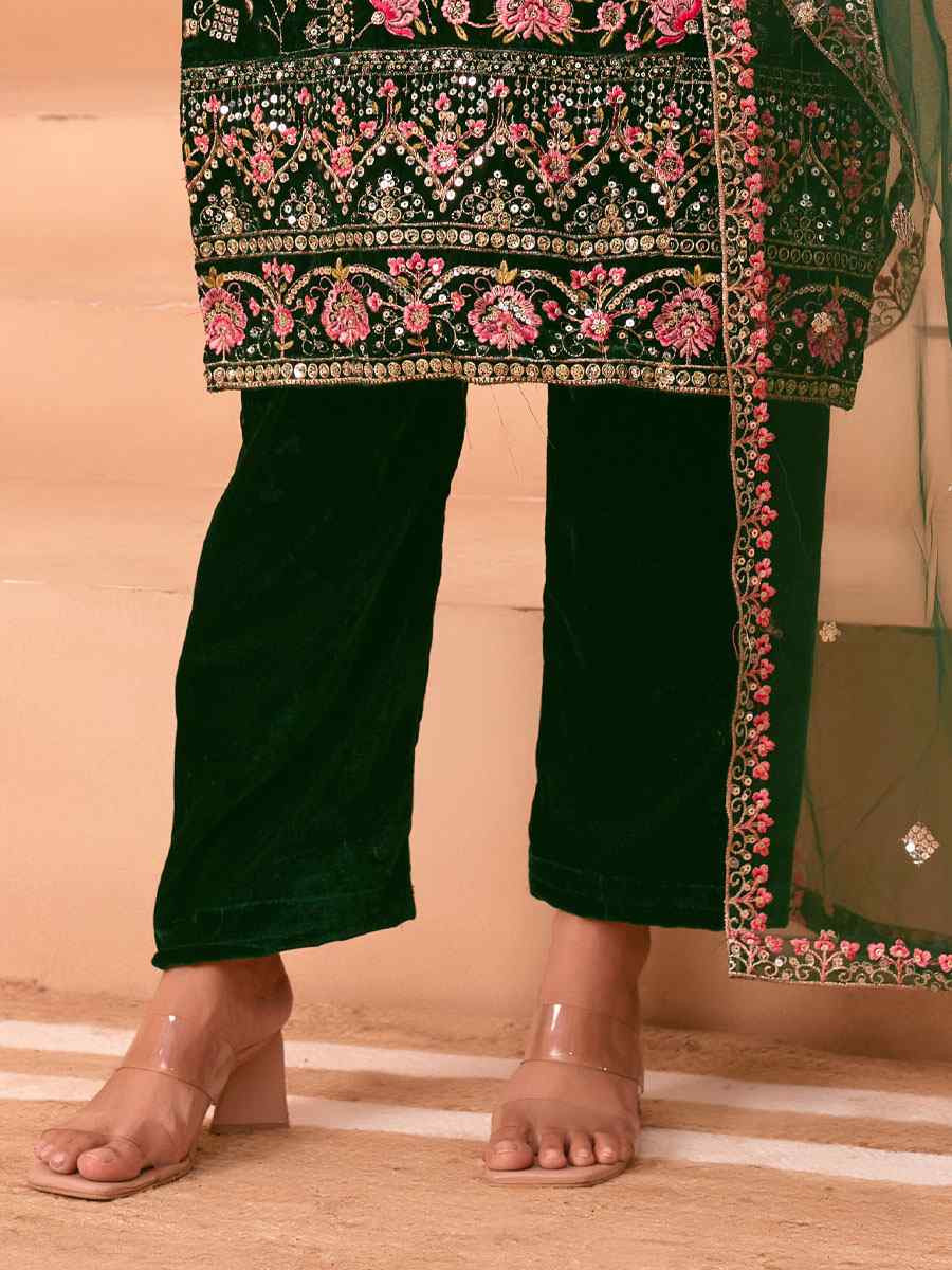 Green Heavy Viscose Velvet Embroidery Party Wedding Festival Casual Ready Pant Salwar Kameez