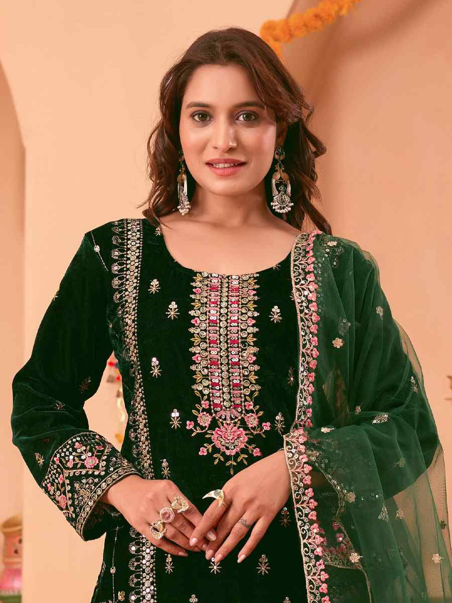 Green Heavy Viscose Velvet Embroidery Party Wedding Festival Casual Ready Pant Salwar Kameez