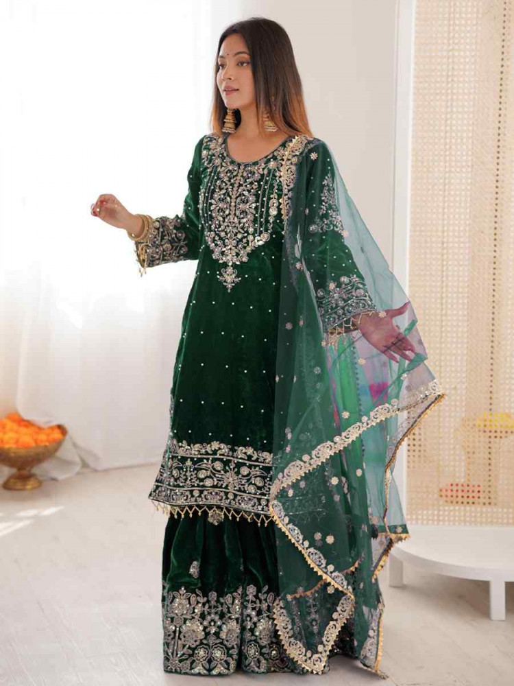 Image of Green Heavy Viscose Velvet Embroidery Party Wedding Festival Casual Ready Sharara Pant Salwar Kameez