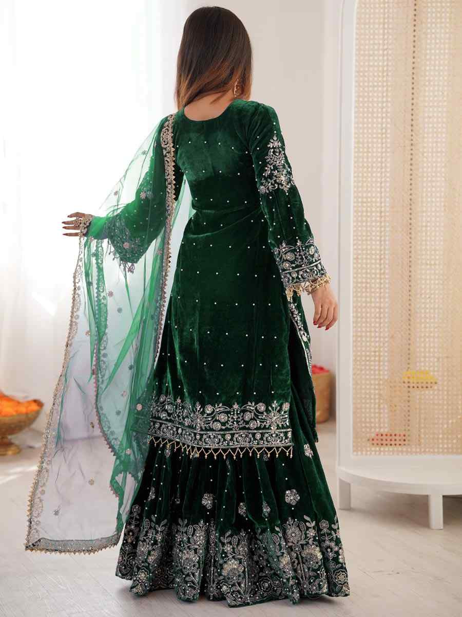 Green Heavy Viscose Velvet Embroidery Party Wedding Festival Casual Ready Sharara Pant Salwar Kameez
