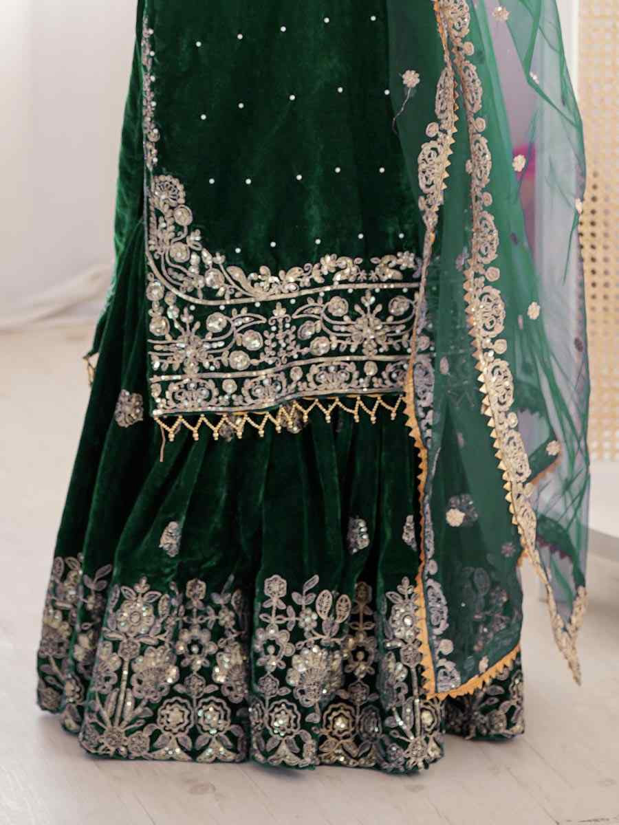 Green Heavy Viscose Velvet Embroidery Party Wedding Festival Casual Ready Sharara Pant Salwar Kameez