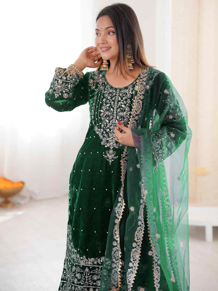 Green Heavy Viscose Velvet Embroidery Party Wedding Festival Casual Ready Sharara Pant Salwar Kameez