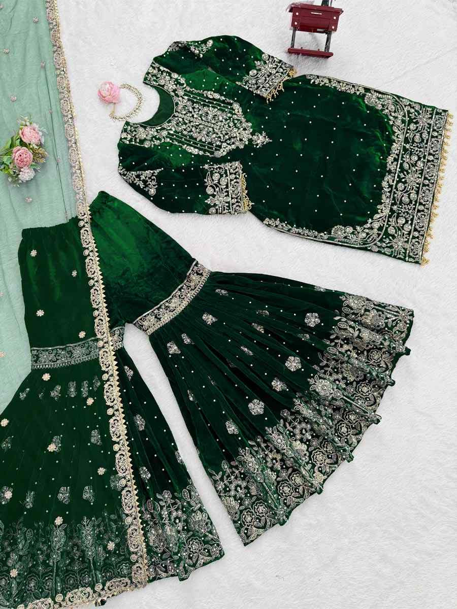 Green Heavy Viscose Velvet Embroidery Party Wedding Festival Casual Ready Sharara Pant Salwar Kameez
