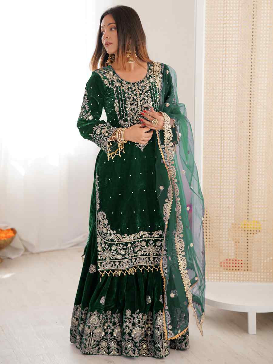 Green Heavy Viscose Velvet Embroidery Party Wedding Festival Casual Ready Sharara Pant Salwar Kameez