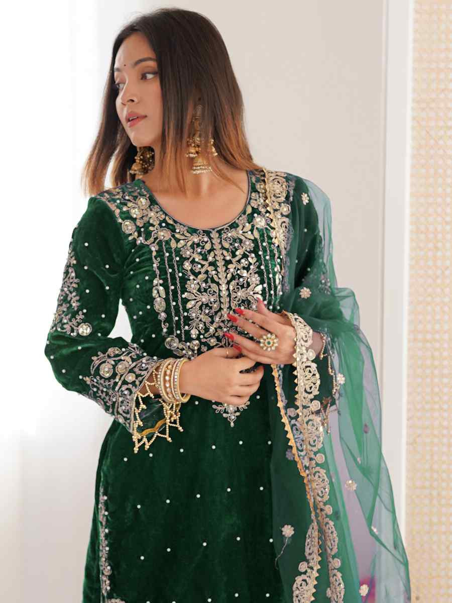 Green Heavy Viscose Velvet Embroidery Party Wedding Festival Casual Ready Sharara Pant Salwar Kameez