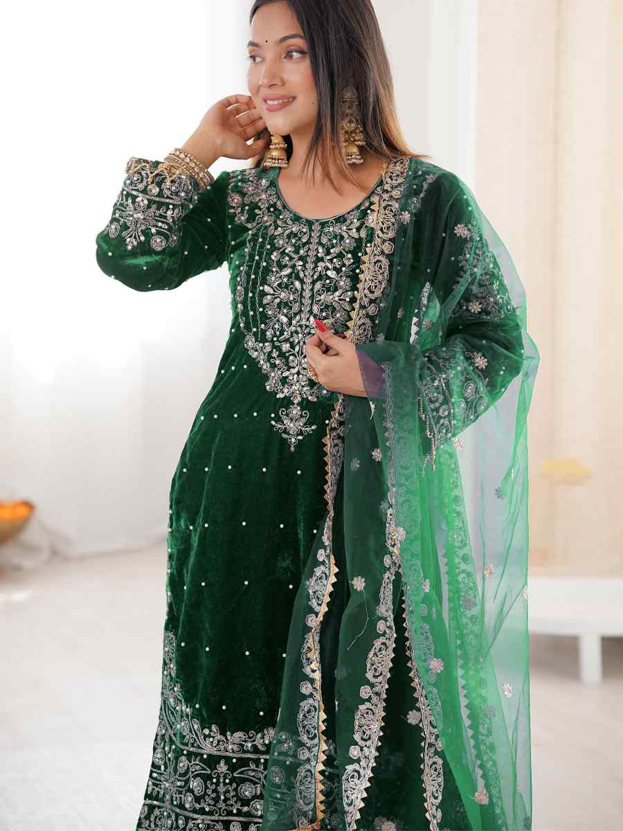 Green Heavy Viscose Velvet Embroidery Party Wedding Festival Casual Ready Sharara Pant Salwar Kameez