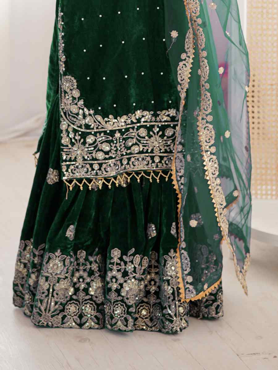 Green Heavy Viscose Velvet Embroidery Party Wedding Festival Casual Ready Sharara Pant Salwar Kameez