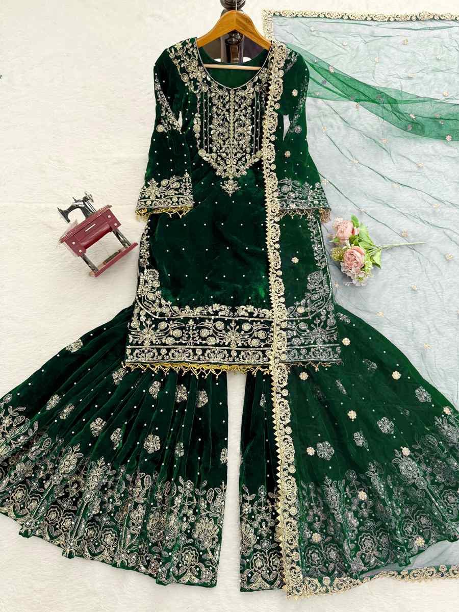 Green Heavy Viscose Velvet Embroidery Party Wedding Festival Casual Ready Sharara Pant Salwar Kameez