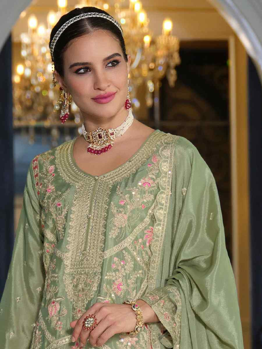 Green Hevey Chinon Embroidered Festival Mehendi Ready Pant Salwar Kameez