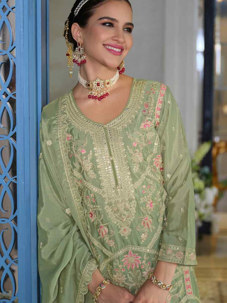 Green Hevey Chinon Embroidered Festival Mehendi Ready Pant Salwar Kameez
