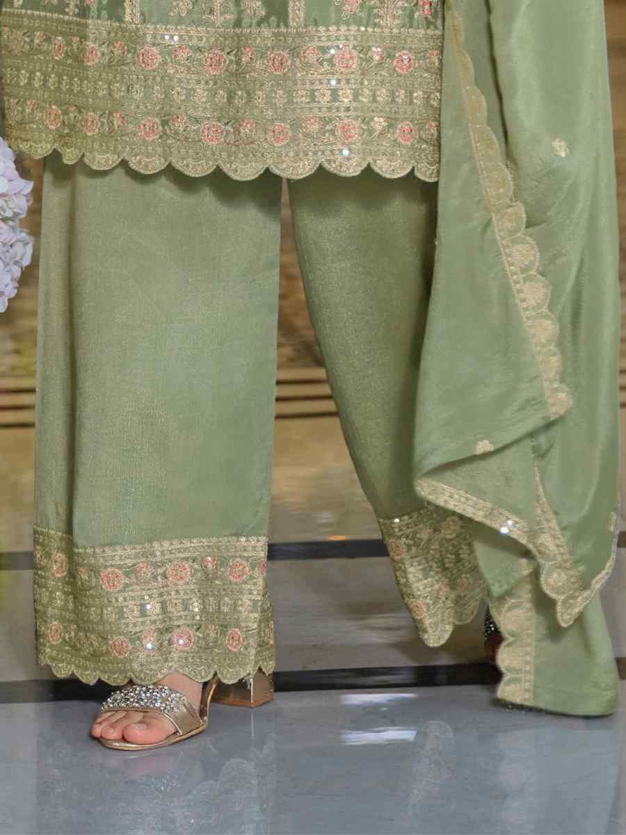 Green Hevey Chinon Embroidered Festival Mehendi Ready Pant Salwar Kameez