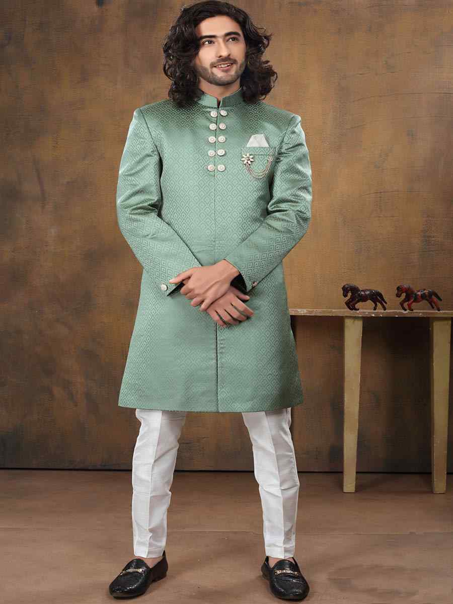 Green Imported Woven Groom Wedding Sherwani