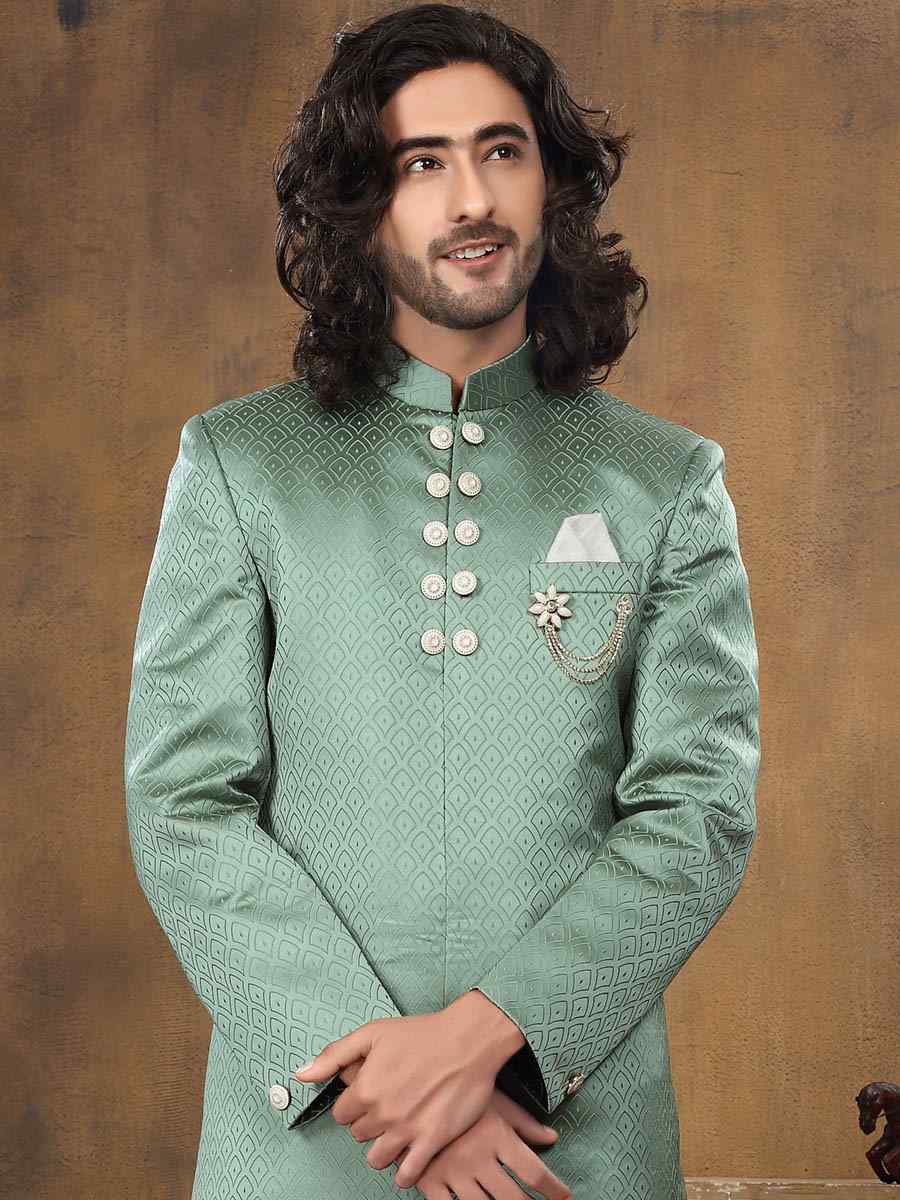 Green Imported Woven Groom Wedding Sherwani