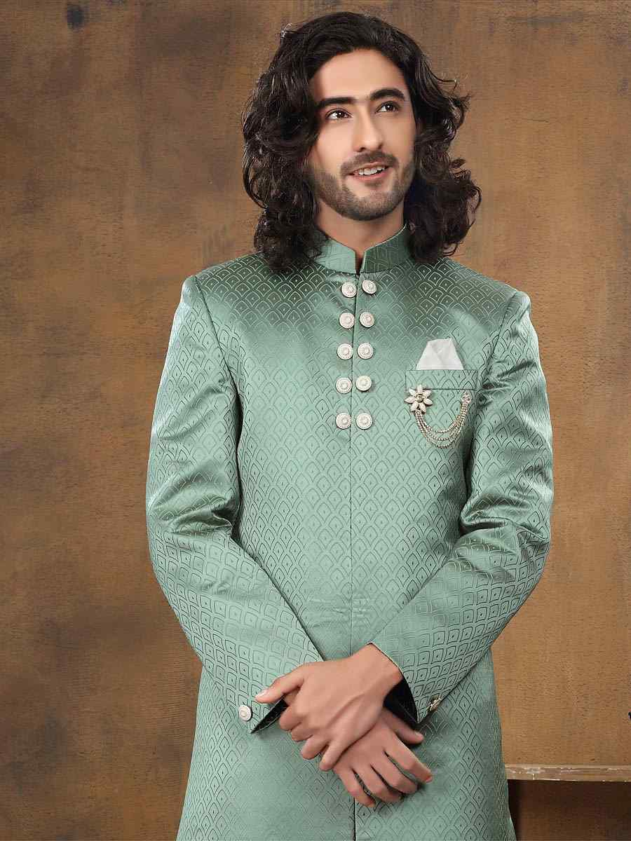 Green Imported Woven Party Wedding Sherwani