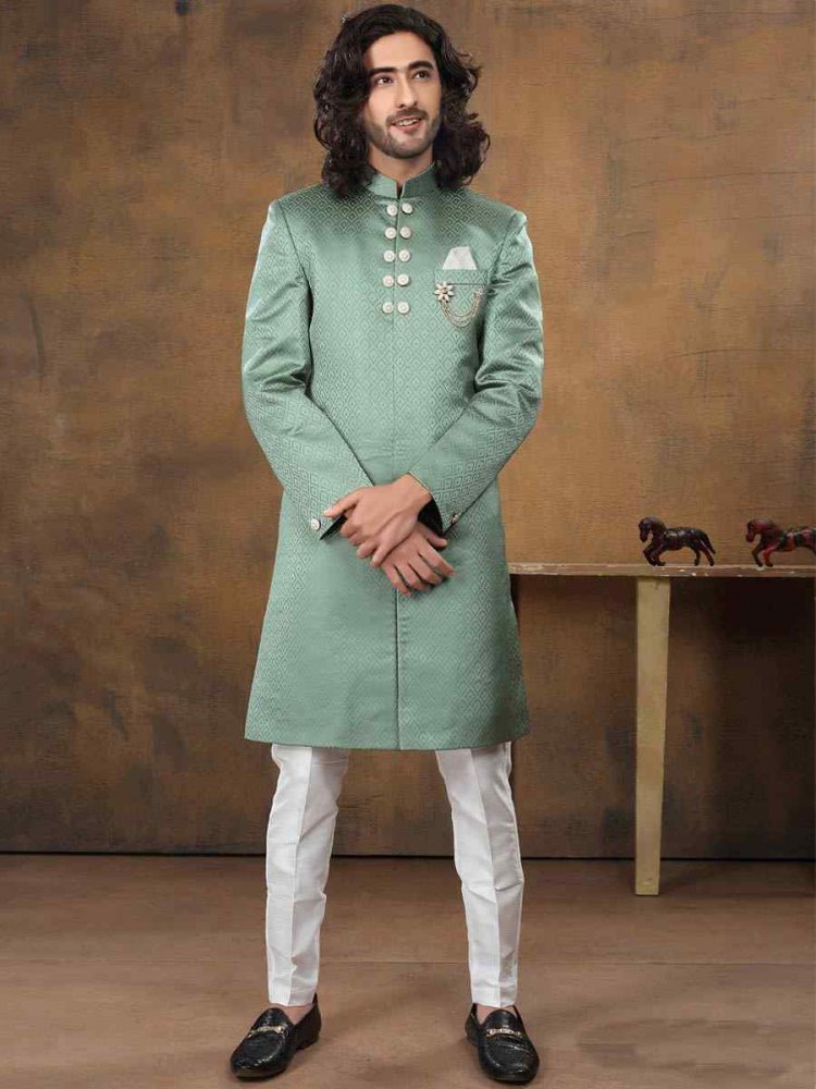 Green Imported Woven Party Wedding Sherwani