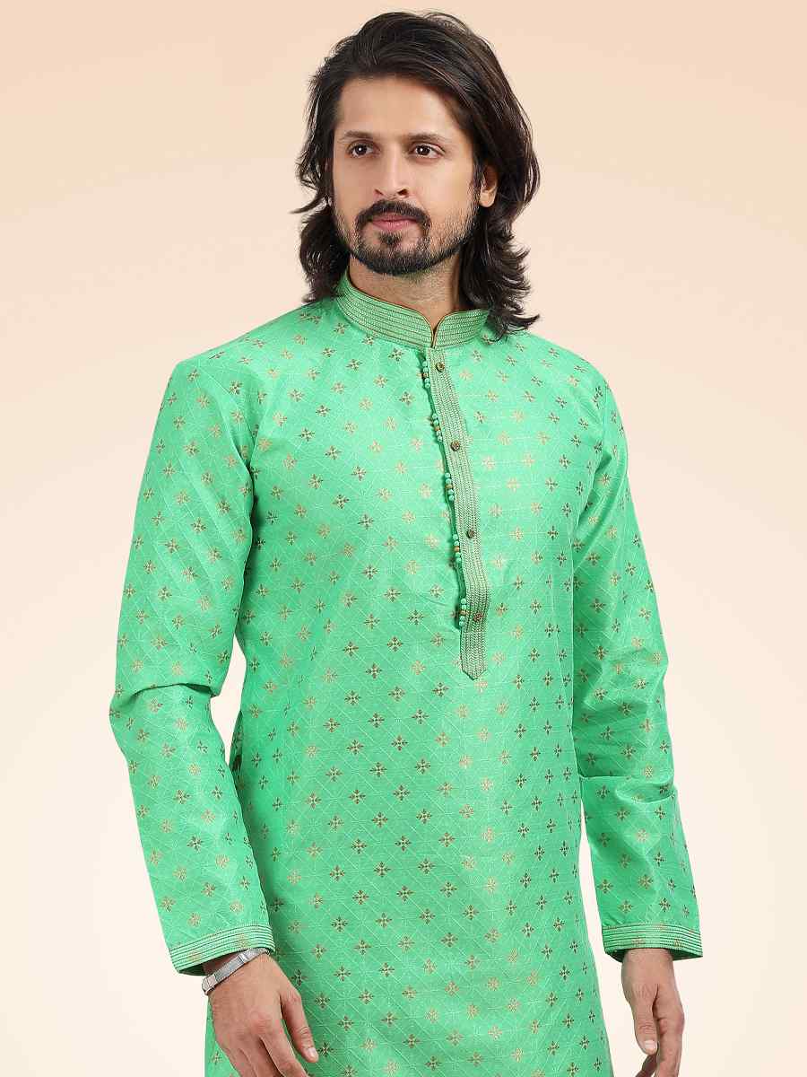 Green Jacquard Banarasi Silk Woven Festival Party Kurta