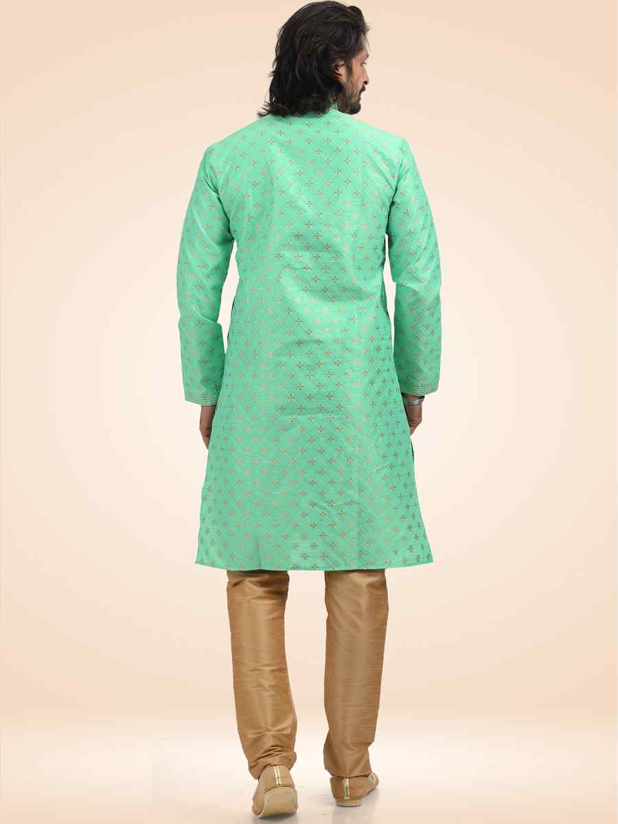 Green Jacquard Banarasi Silk Woven Festival Party Kurta