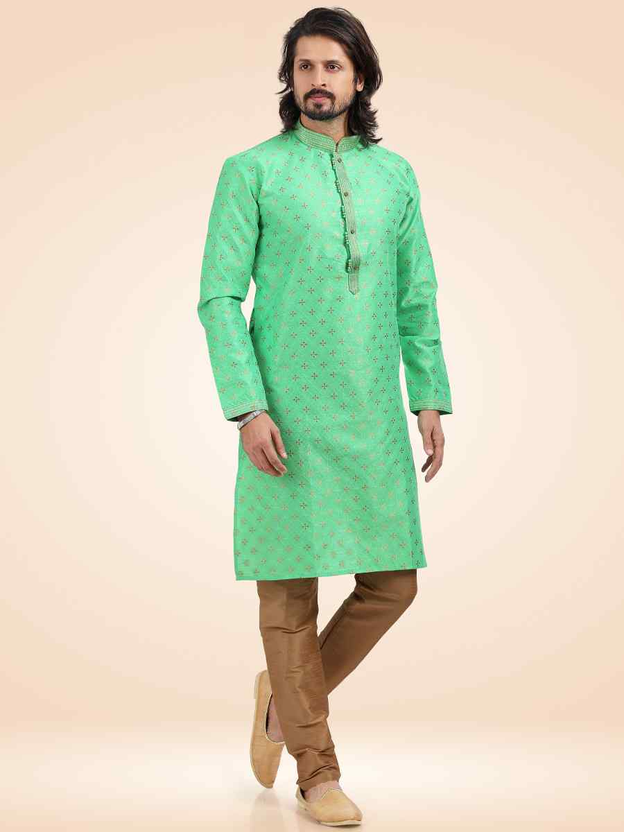 Green Jacquard Banarasi Silk Woven Festival Party Kurta