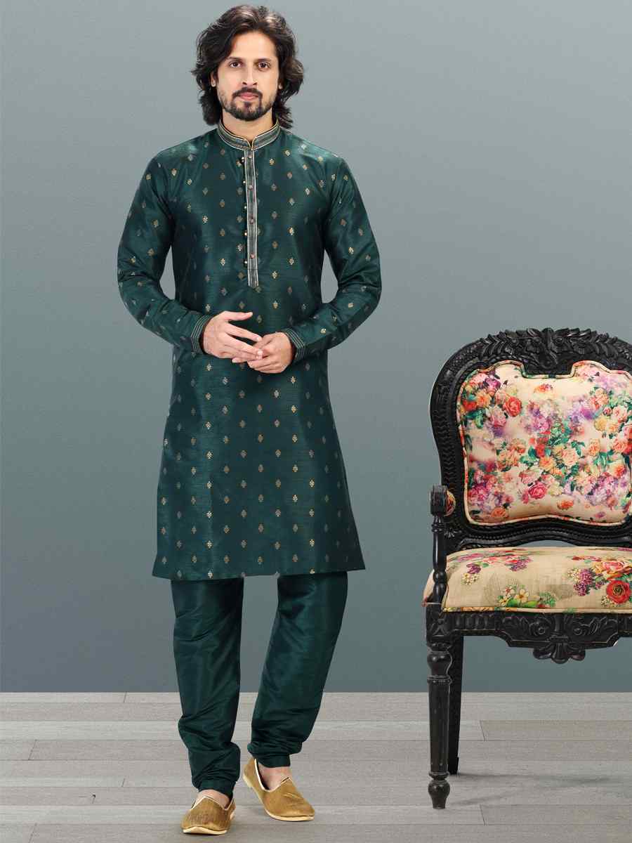 Green Jacquard Banarasi Silk Woven Festival Wedding Kurta