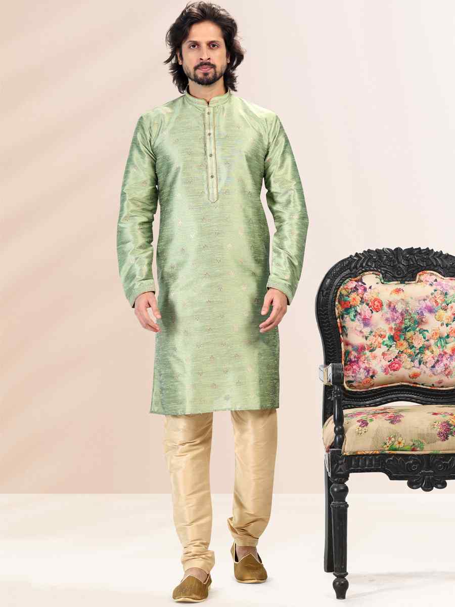 Green Jacquard Banarasi Silk Woven Festival Wedding Kurta