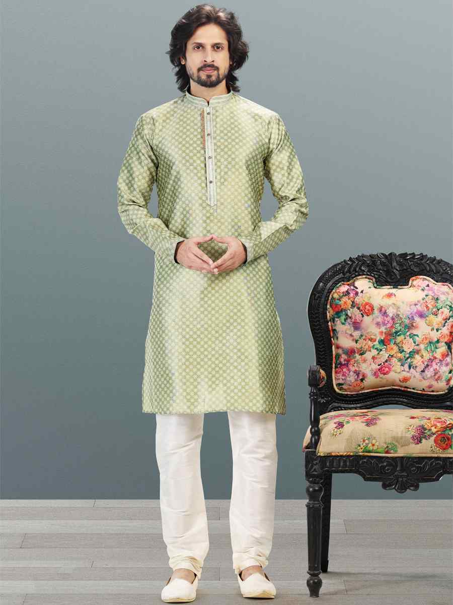 Green Jacquard Banarasi Silk Woven Festival Wedding Kurta