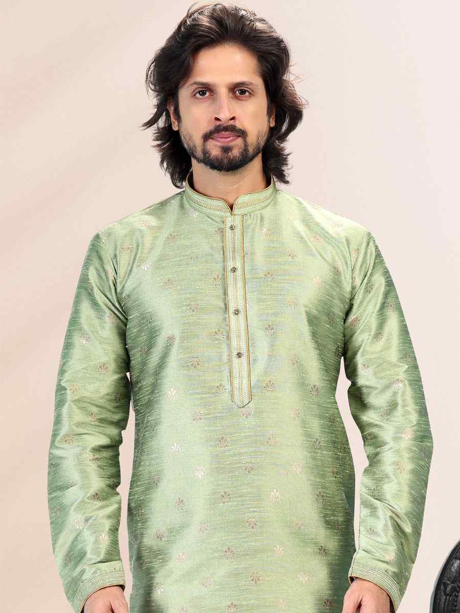 Green Jacquard Banarasi Silk Woven Festival Wedding Kurta